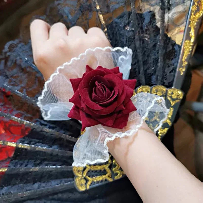Dark Gothic Red Rose Wristband Flowers Mesh Hand Ornaments Fake Sleeve Detachable Lace Wrist Bands Bracelets Accessories