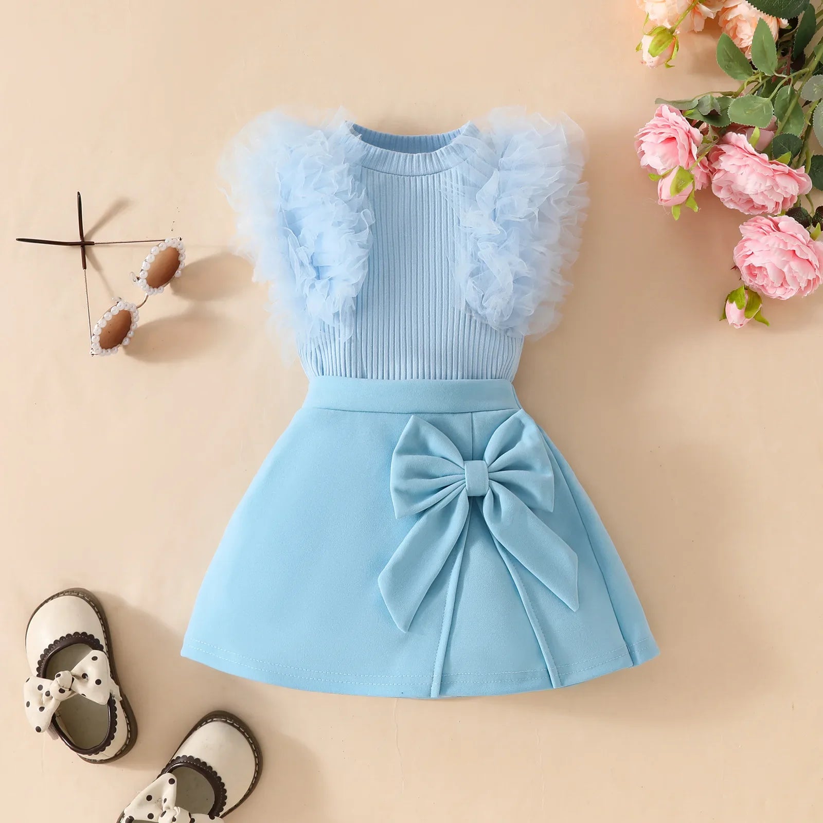 2Pcs Toddler Baby Girl Clothes Outfit Bubble Sleeve Patchwork Ruffle Top+Solid Color Flared Pants Fashion Set Fit 0-3 Years Set