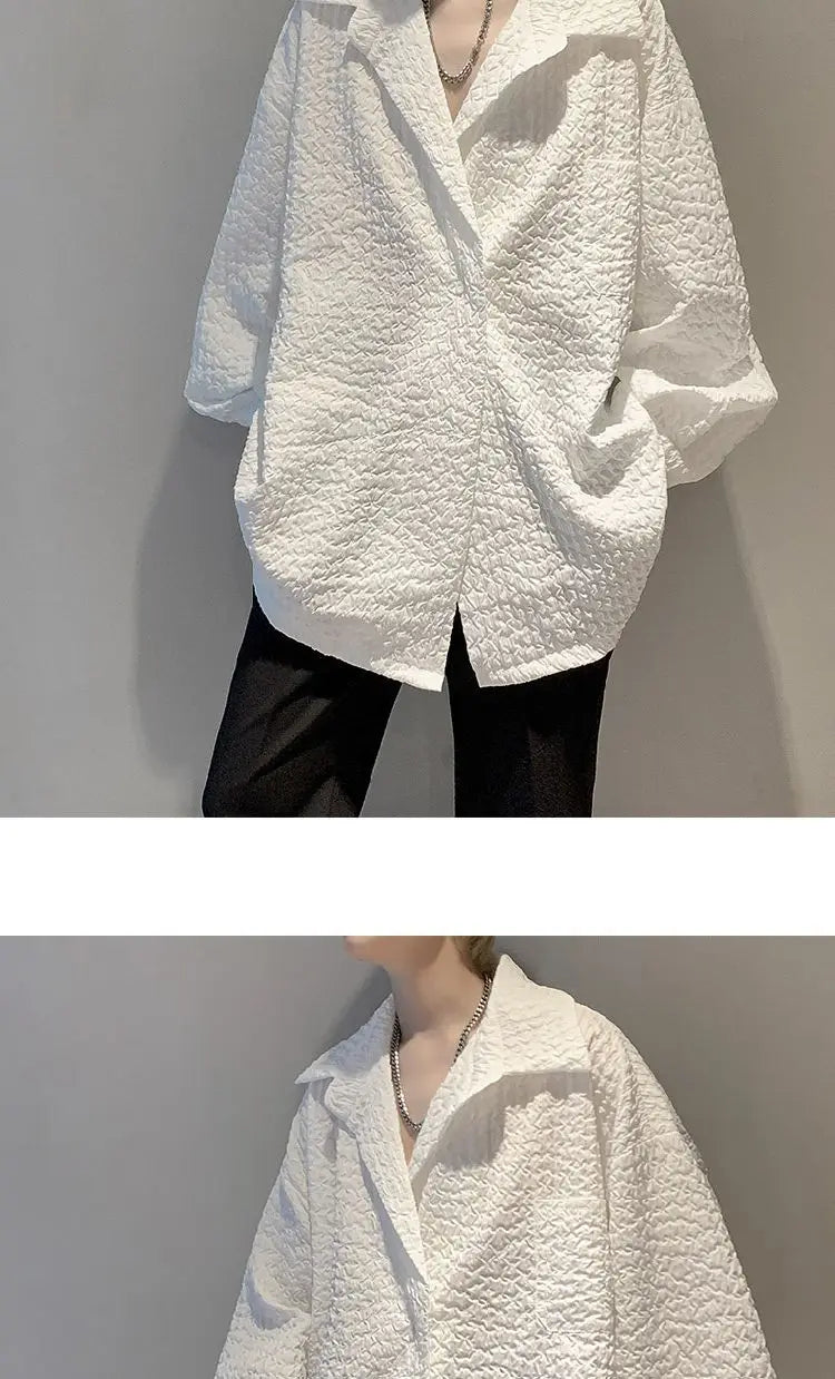 Men's White Textured Oversized Long Sleeve Shirt Loose Casual Wrinkle Fabric Button Down Blouse Fashion Streetwear Tops
