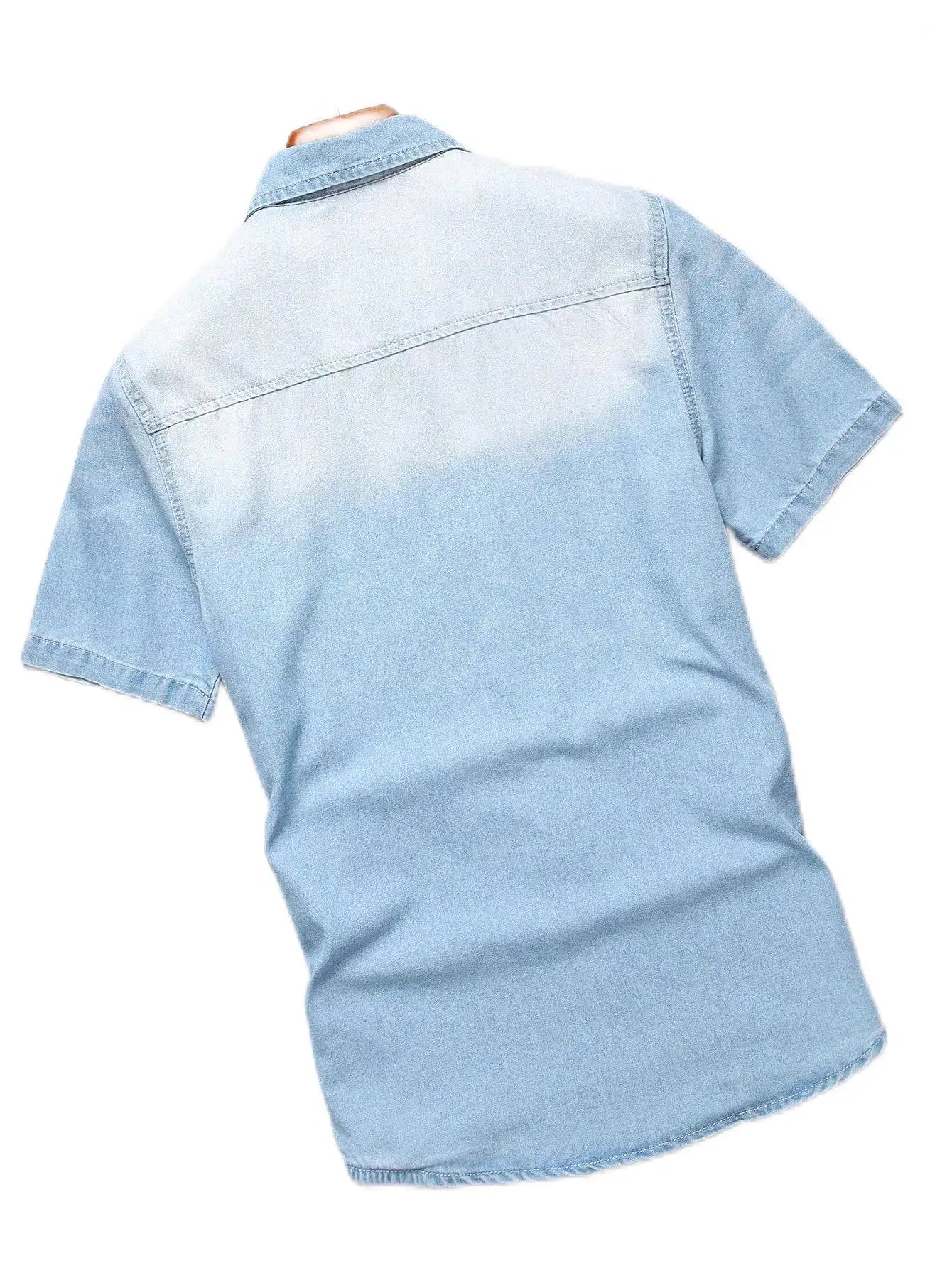 Men's summer blue short-sleeved denim shirt. Regular size. Casual, trendy street style. (Available)