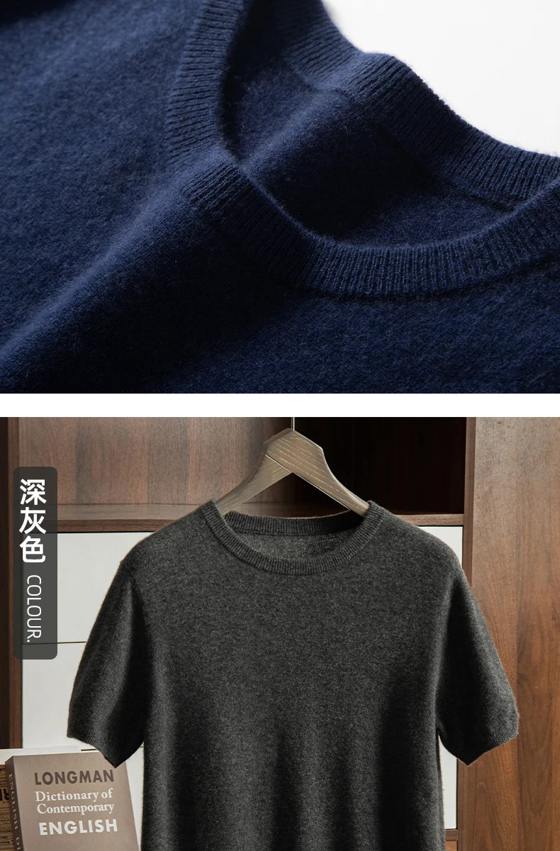 Men's T-shirt spring/Summer New Item 100% Cashmere Short Sleeved Men's Round Neck Knitted Pullover Vest Casual Men's Clothing