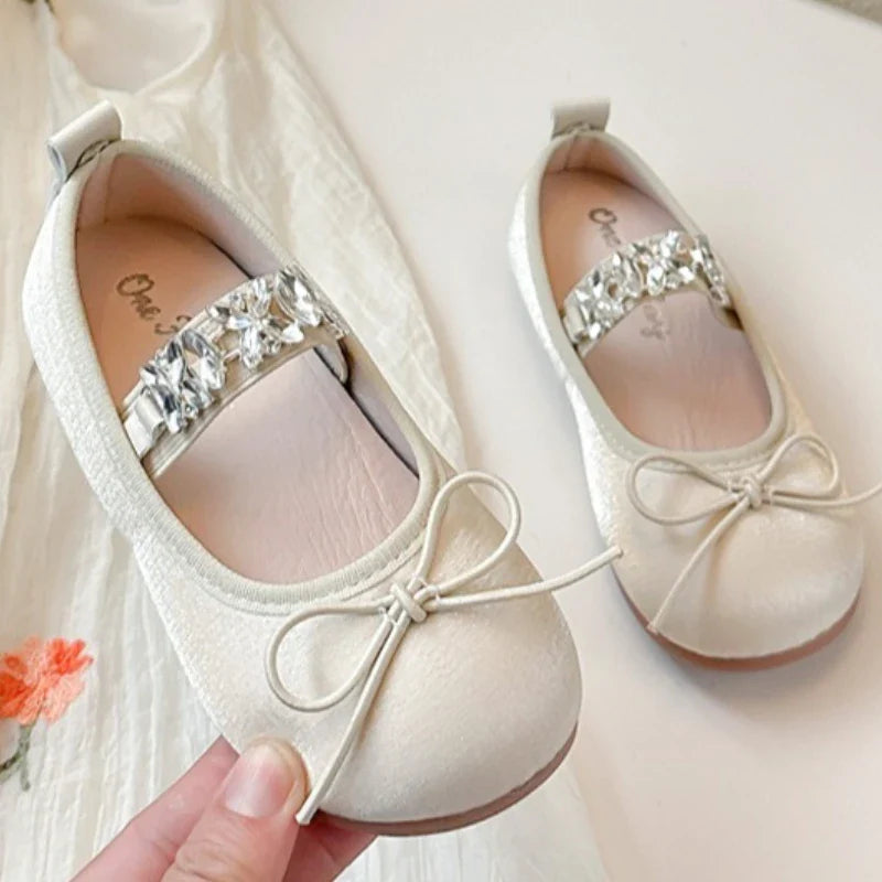 Girls' Rhinestone Princess Shoes Simple Versatile Kids Bow Leather Shoe Comfort Non Slip Girls Flat Casual Shoes