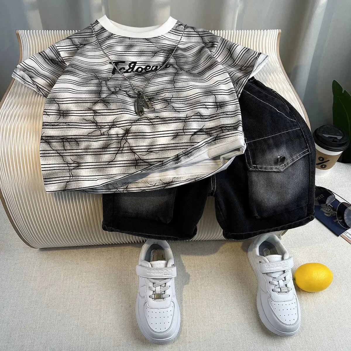 Korean Children's Summer Clothes Kids Set Outfits Boys 2025 Handsome Sleeveless&Short Sleeved T-shirt Denim Shorts 2-piece Set