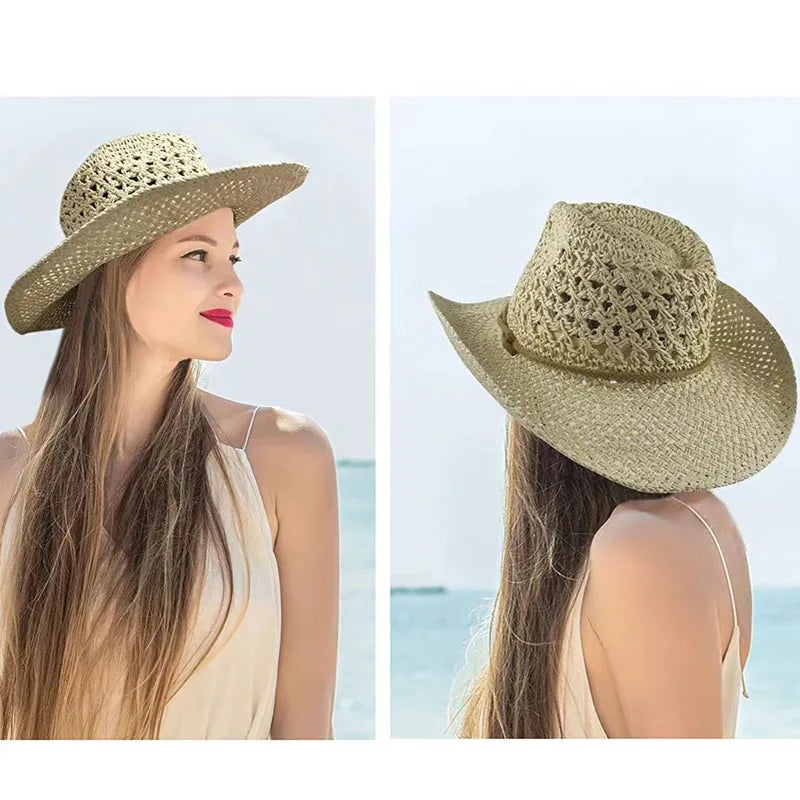 Panama Hat Summer Sun Hats for Women Man Hollow Out Beach Straw Hat for Men UV Protection Cap Chapeau Femme Women's Cowboy Hat