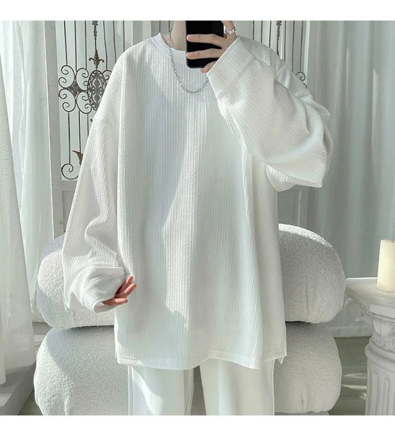 Men's Long Sleeve T-Shirt - Classic Versatile Spring/Autumn New Student Korean Style Loose  Drape Trendy Niche Solid Color Top