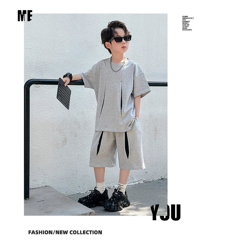 American Kids Design Double Cotton Gauze Clothing Set For Teenage Boy Casual Summer Top and Bottom Clothes Set Child Tracksuit