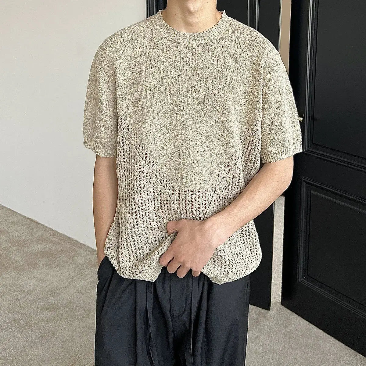 Hollow out short sleeved sweater for men and women, spring and summer new style loose and versatile knitted cardigan top