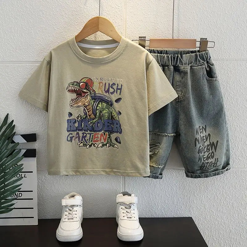 New Boys Sleeveless Vest Denim Shorts 2PC Sets Outdoor Festival Clothing Vintage Print Kids Miracle Design 2-10 Years White Tops