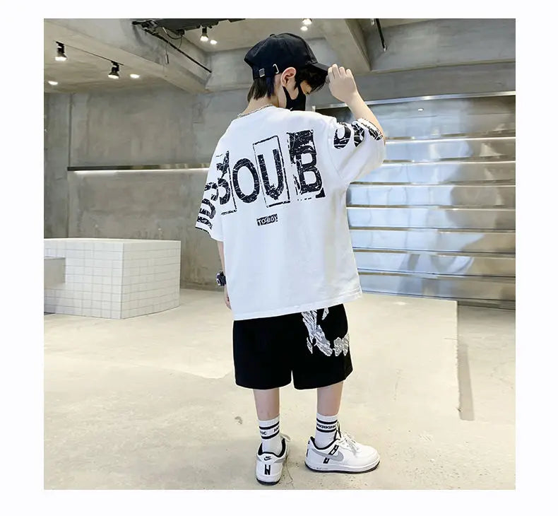 Boys Summer Trendy Casual Sports 2pcs T-shirts+Pants Suits 3-14 Years Teenage Boys Hip Hop Style Fashion Outfits Clothes Sets (Available)