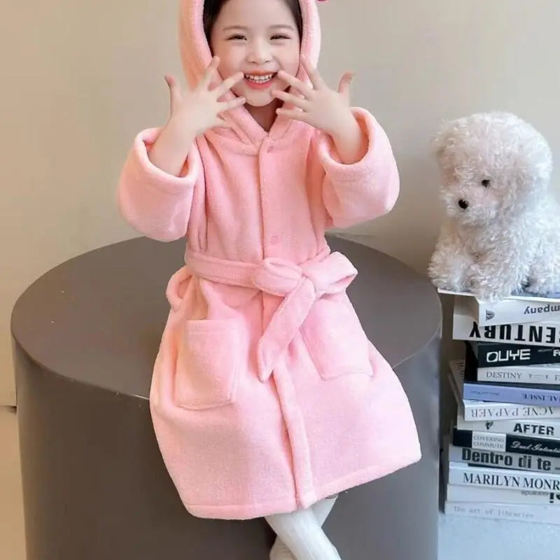 Sanrio Hello Kitty Children Bath Robe Pajamas Terry Cloth Girls Babies Toddlers Spring Winter Home Wear Hooded Cozy Sleepwear