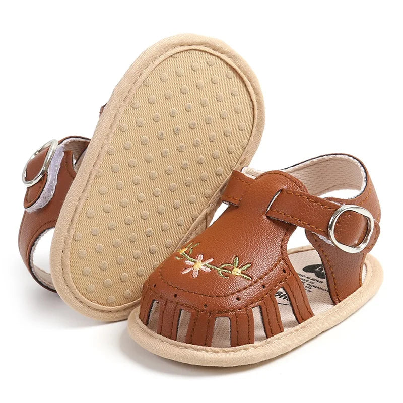 Newborn Infant Baby Girl PU Leather Embroidery Flower Sandals Summer Soft Sole Flat Princess Shoes Infant Non-Slip First Walkers
