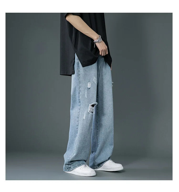 Ripped Jeans Men Ins Trendy Straight Leg Loose Wide Leg Pants High Waist Floor Mopping Denim Pants Versatile Casual Pants Men's