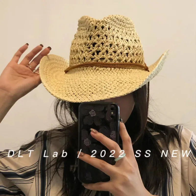 Panama Hat Summer Sun Hats for Women Man Hollow Out Beach Straw Hat for Men UV Protection Cap Chapeau Femme Women's Cowboy Hat