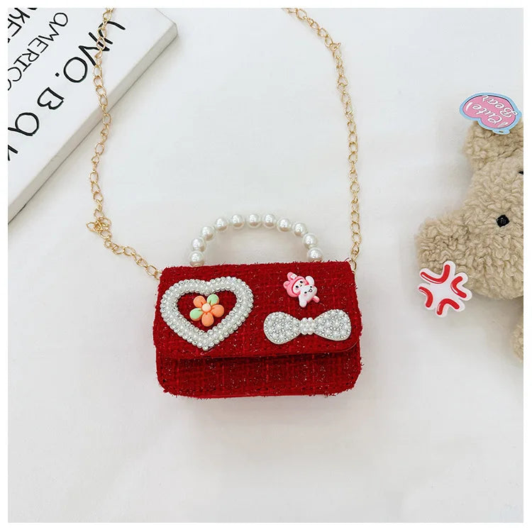 Sweet Bow Children's Small Square Shoulder Bag Sequin Lace Princess Girls Crossbody Bags Pearl Handle Coin Purse Handbags Gifts