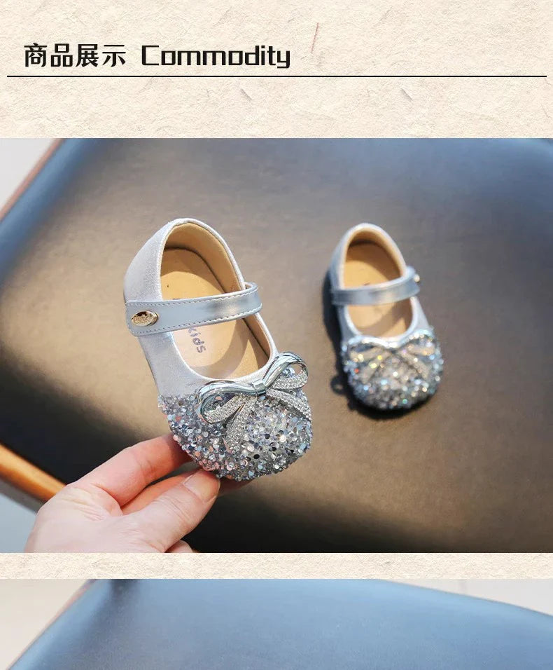 Bling Sequine Flats Shoes For Kids Princess Gold Silver Bowtie Dress Shoes For Toddler Girls Spring Autumn Causal Baby Walkers