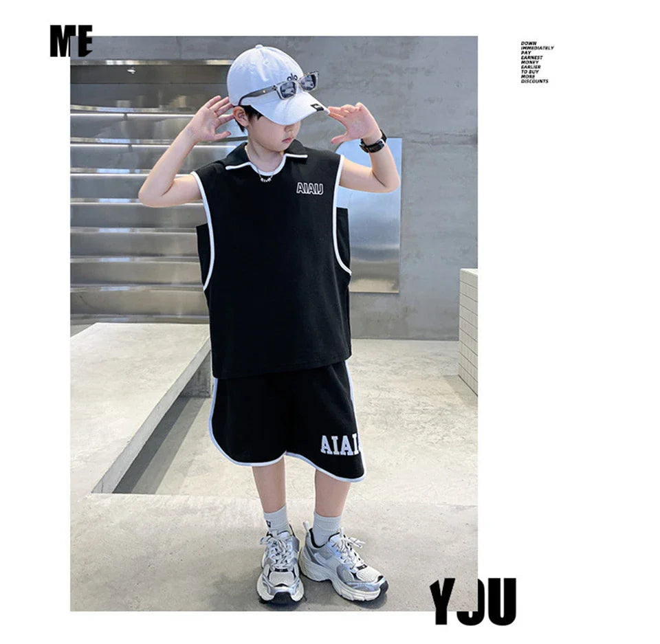 Boys Clothing Set American Style Children Vintage Vest Casual Sport Loose Pullover Sleeveless T-shirt Top Shorts Two-piece Set