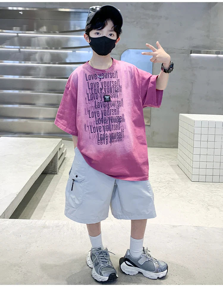 Summer Kids Outfit Sets for Boys Short Sleeve T-shirt Shorts 2PS Clothing Set Tweens Child Tracksuit Top and Bottom Clothes Set  (Available)