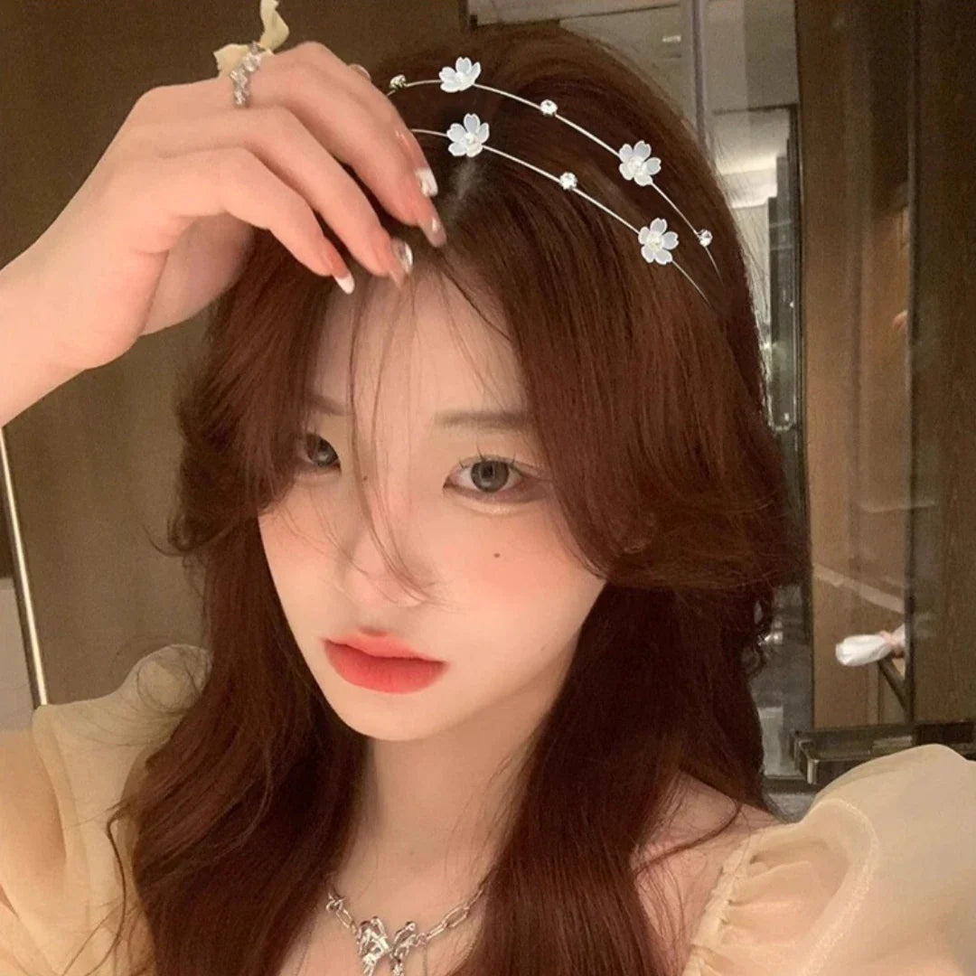 Double Layer Rhinestone Flower Hairbands for Women Fashion Elegant Metal Hair Hoop Korean Style Headwear Girls Hair Accessories