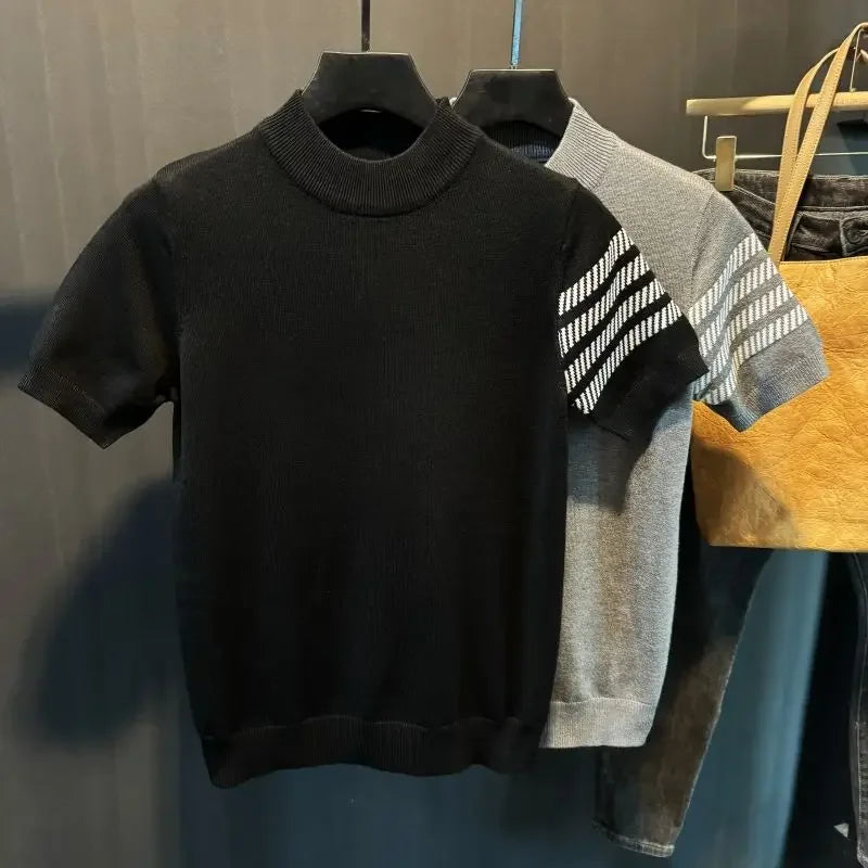 Men's Short-sleeved Sweater Slim and Simple Knitted Sweater Half Turtle Neck Jacquard Casual Thickened Base Shirt