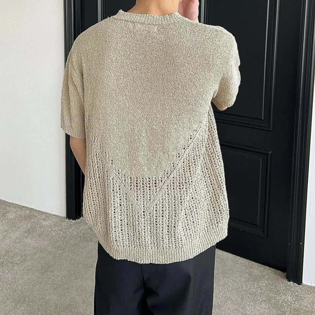 Hollow out short sleeved sweater for men and women, spring and summer new style loose and versatile knitted cardigan top