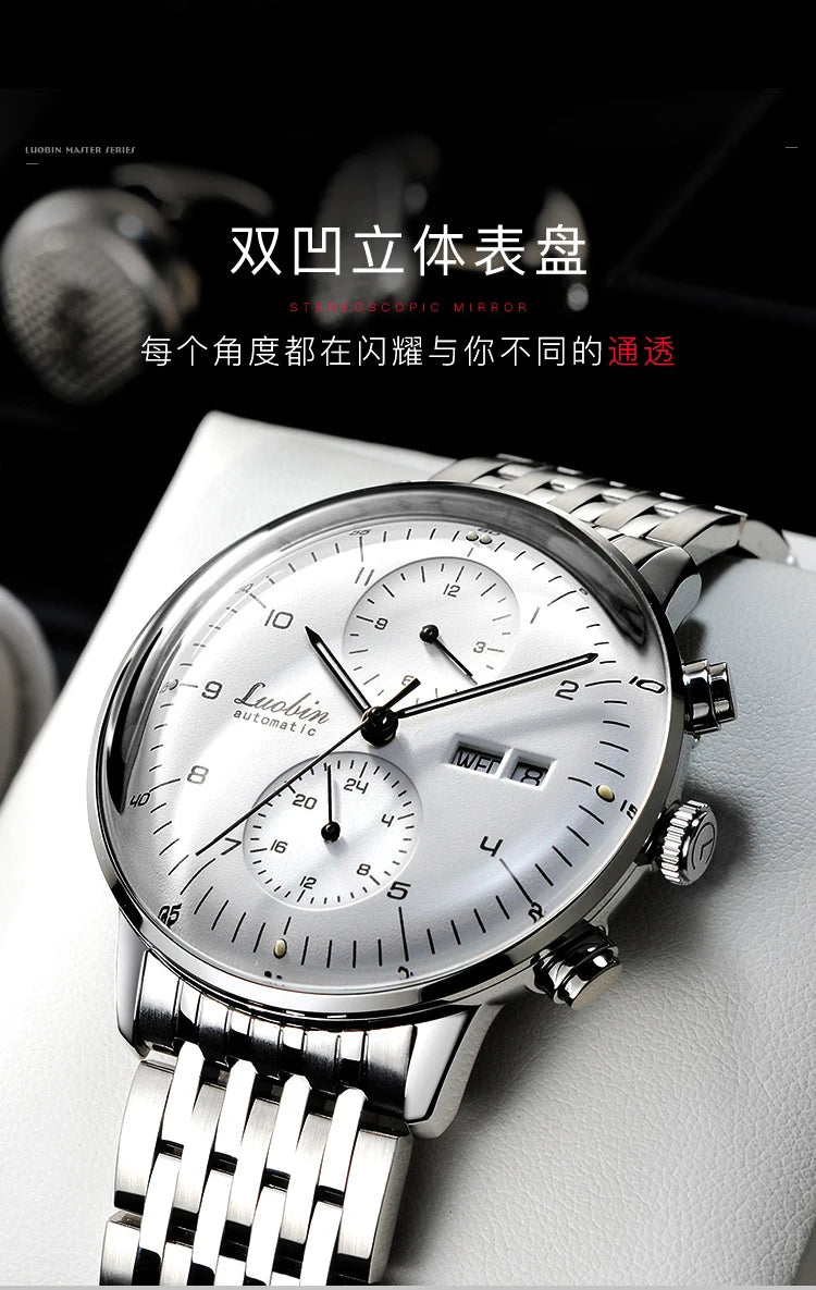 Mens Business Watch Mechanical Movement Multifunction Chronograph Stainless Steel Waterproof Automatic Calendar Sapphire