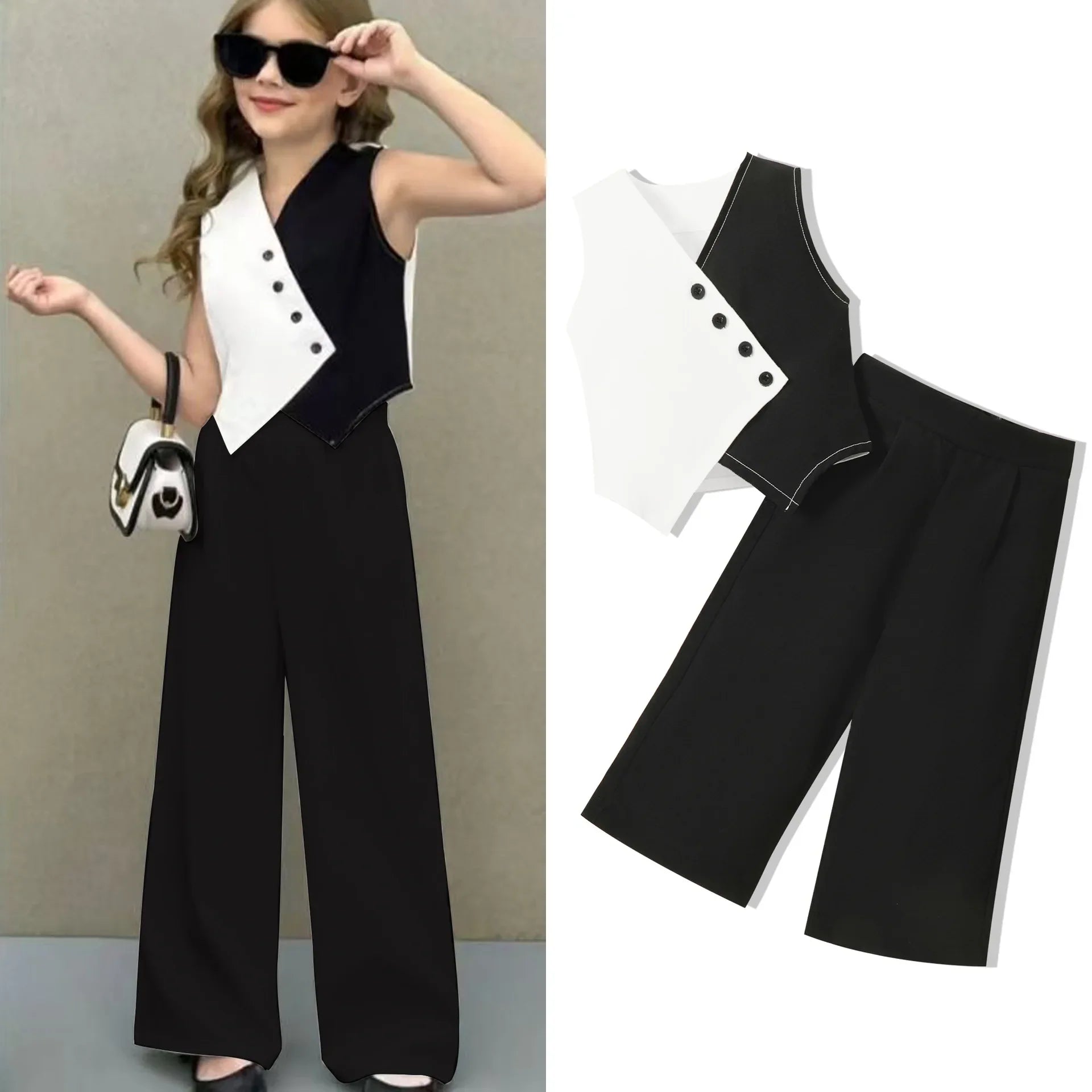 Summer Baby Girl Suits Toddler Clothes Set Black Whit Vest Wide Leg Trousers Flare Pants Kids Outfit Elegant Fashion Children