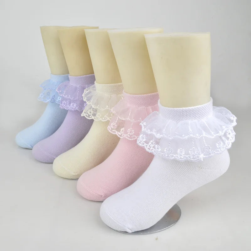 Pairs Cotton Lace Ruffle Princess Mesh Breathable Socks Children Ankle Short Sock White Pink Blue Baby Girls Kids Toddler