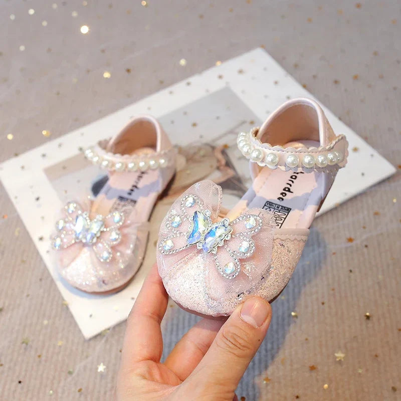 Baby Girls Leather Shoes  Spring Summer Children Casual Half Sandals Sequins with Crystal Butterfly Fashion Princess Sweet