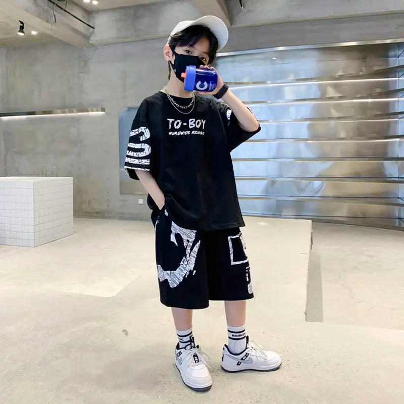 Boys Summer Trendy Casual Sports 2pcs T-shirts+Pants Suits 3-14 Years Teenage Boys Hip Hop Style Fashion Outfits Clothes Sets (Available)
