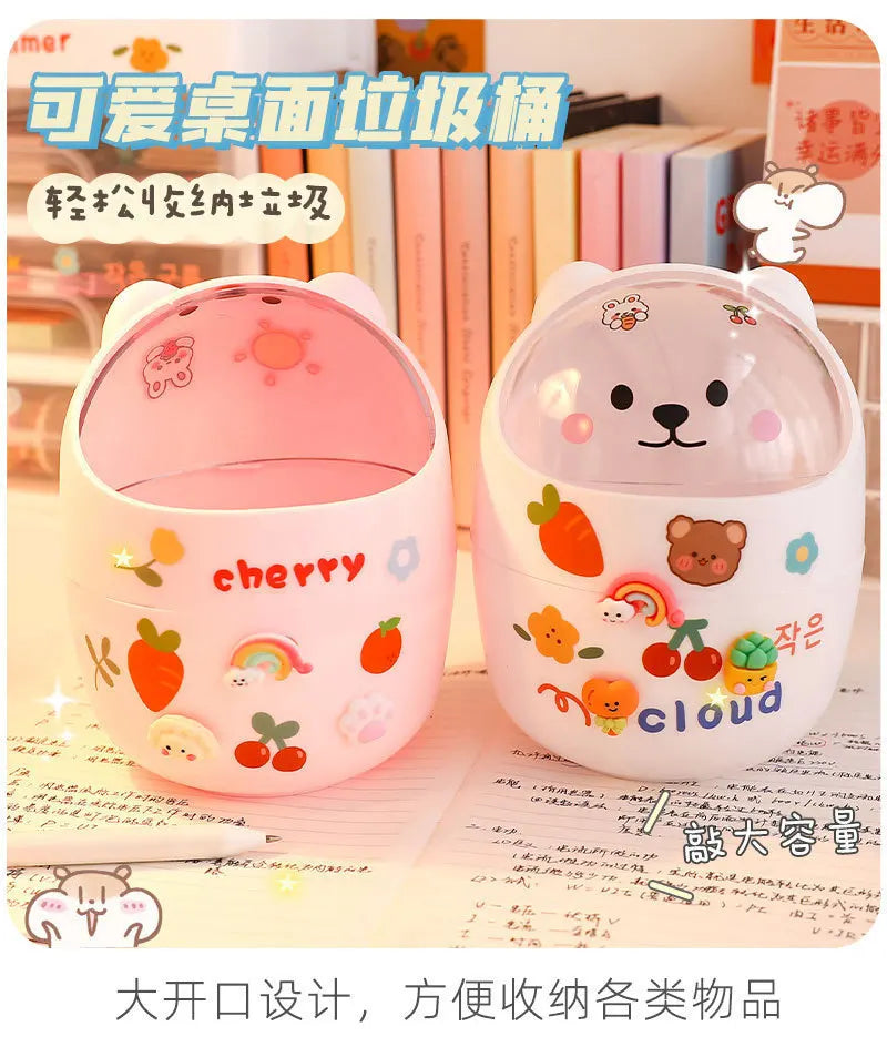 Mini Desktop Trash Can Organizer Cute Bear Multifunction Creative Cosmetic Bucket with Lid Pen Holder Kawaii Stickers Patchers
