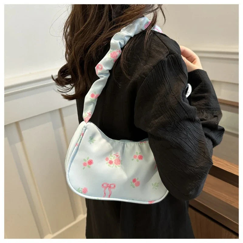 Women's Bags  Summer Nylon Pleated Handbags Armpit Bag Korean Floral Bow Printed Zipper Tote Bag Female Small Shoulder Bags