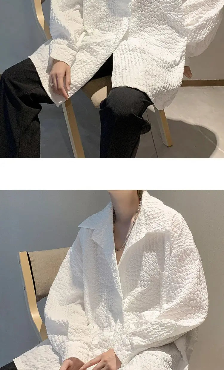 Men's White Textured Oversized Long Sleeve Shirt Loose Casual Wrinkle Fabric Button Down Blouse Fashion Streetwear Tops