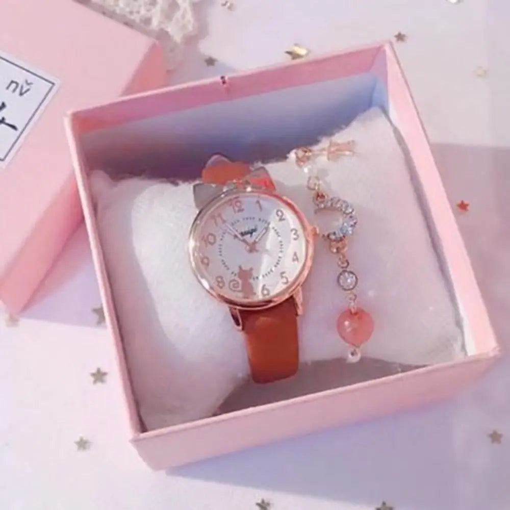 High Quality Quartz Clock Watch Bracelet Set Leather Watchband Casual Quartz Watch Cute Cat Ear Bracelet