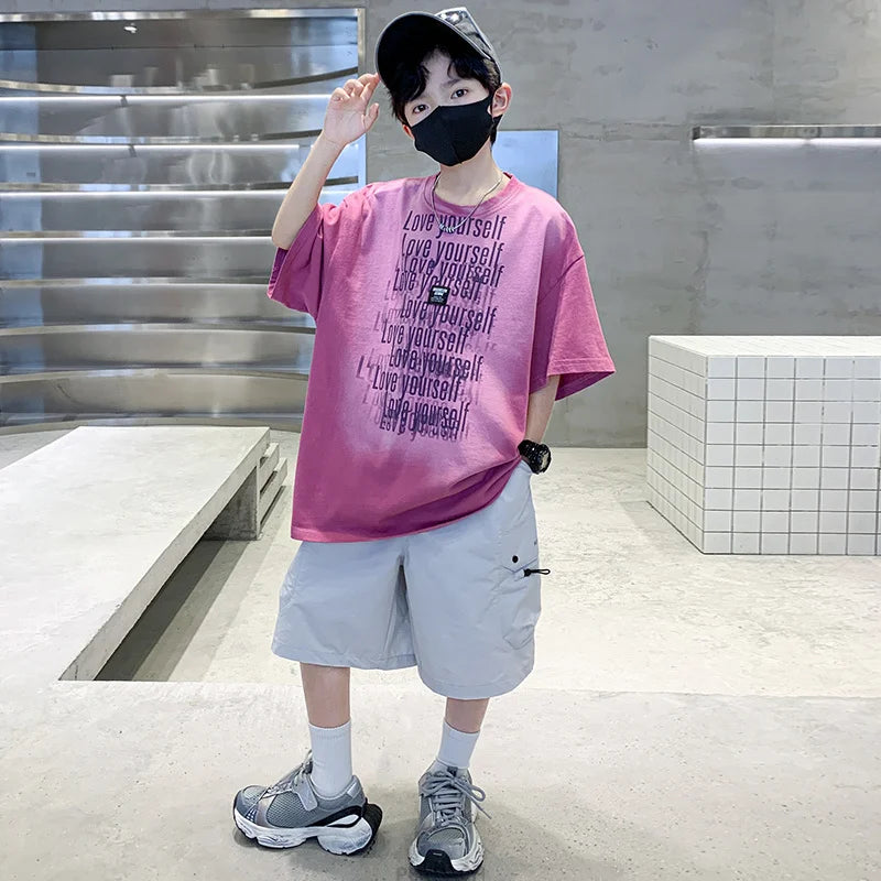 Summer Kids Outfit Sets for Boys Short Sleeve T-shirt Shorts 2PS Clothing Set Tweens Child Tracksuit Top and Bottom Clothes Set  (Available)