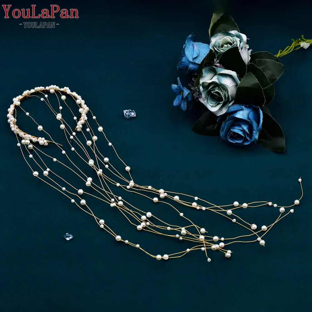 YouLaPan Pearls Tiara Wedding Headwear Handmade Beaded Tassels Headband for Bridal Woman Dress Jewelry Accessories HP610