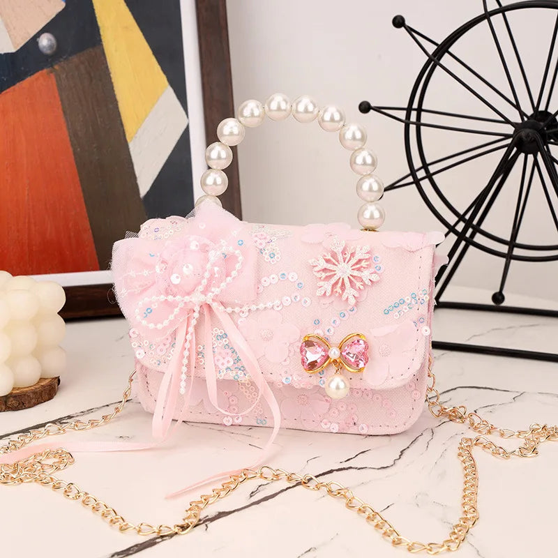 Cute Sequin Bow Kids Mini Square Shoulder Bags Versatile Children Chain Crossbody Bag Lace Girls Pearl Handbags Clutch Purse