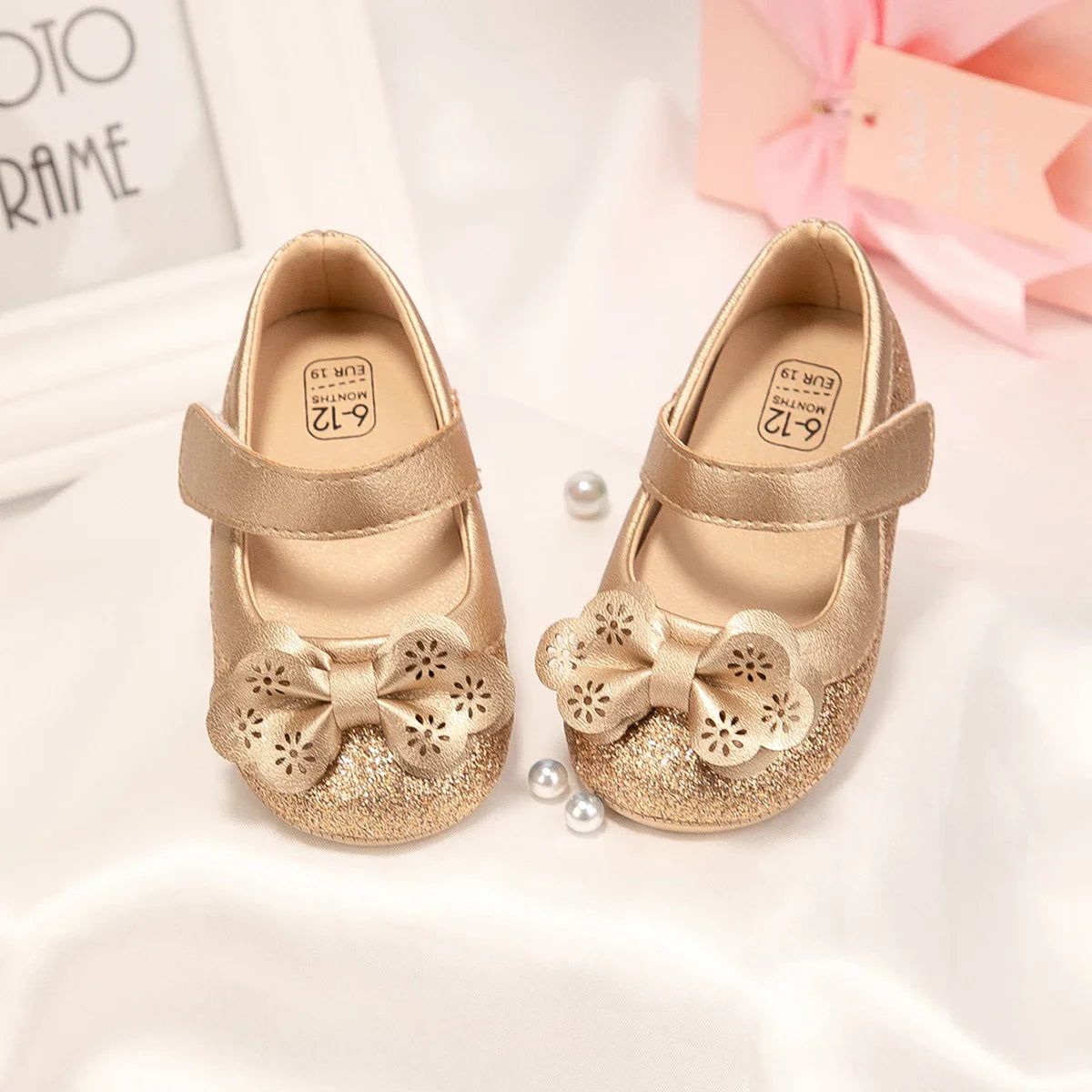 Gold Tie Cute Bow Flower Baby Princess Shoes Wedding Birthday Party Non-Slip Soft Sole Baby Toddler Shoes