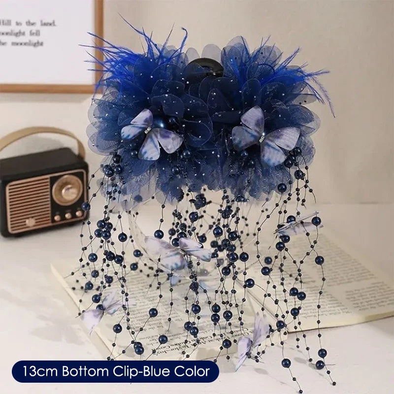 Fashion Fairy Butterfly Feather Tassel Hair Claw Shark Clips Temperament Mesh Flower Claw Clip Women Headwear Hair Accessories