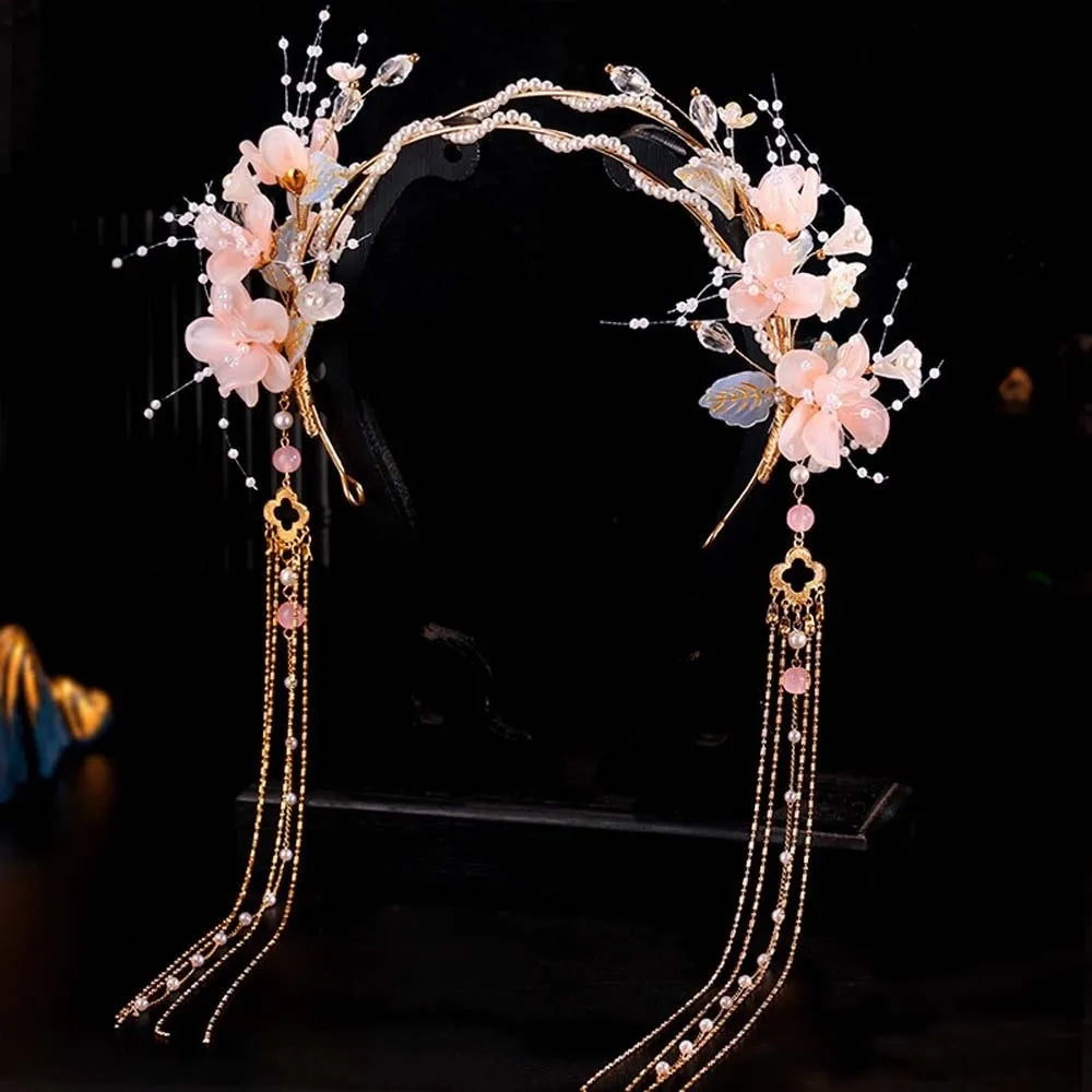 Flower Hanfu Tassel Hair Hoop Beads Crown Chinese Ancient Hairband Double-layer Alloy Swaying Fairy Headwear Hairstyle Tool