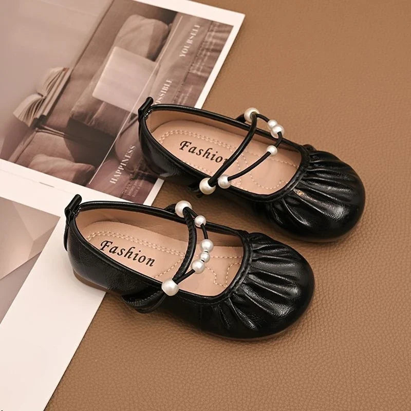 Fashion Girls Soft Sole Princess Leather Shoes Spring Autumn New Style Pearl Embellished Kids Loafers