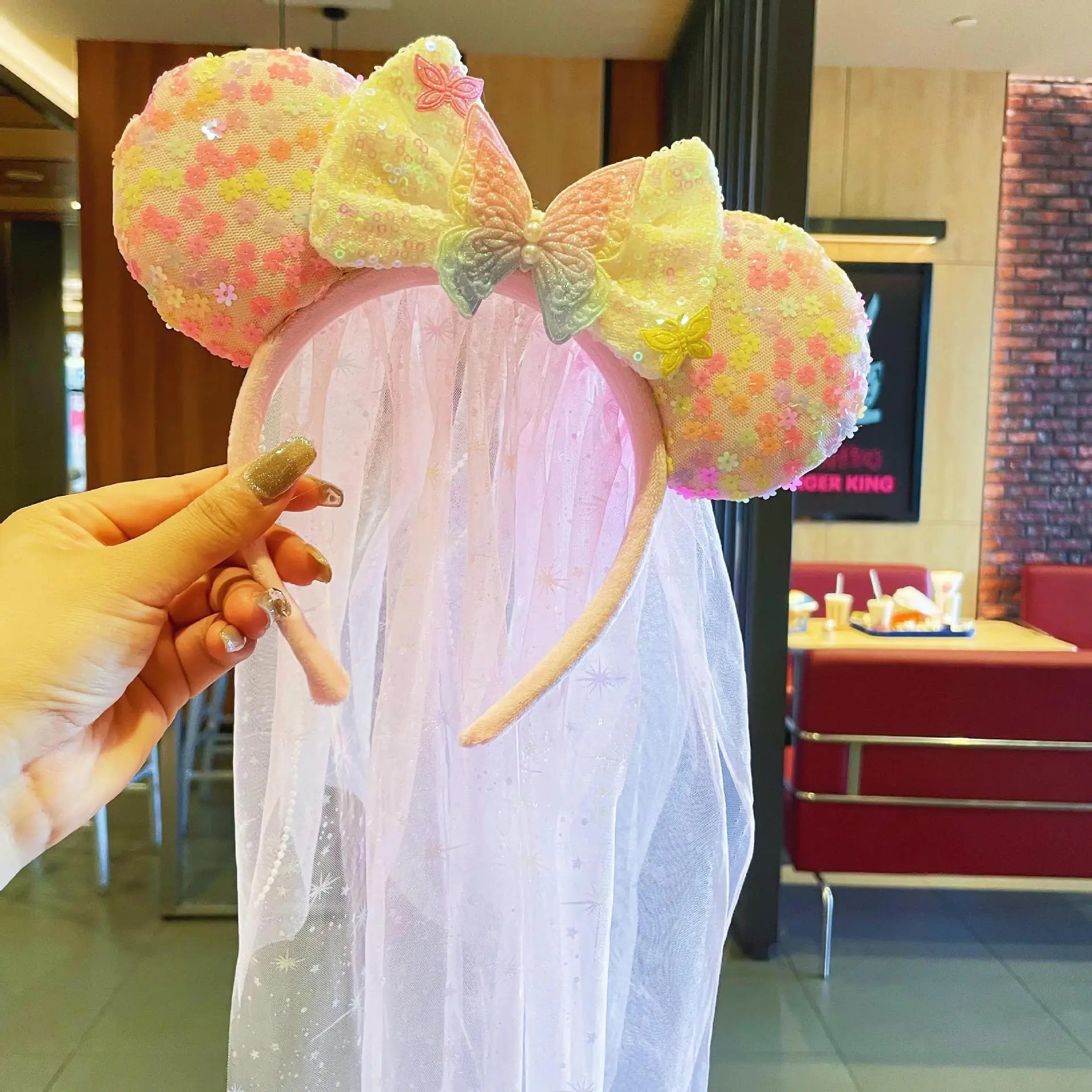 Adorable Sweet Rainbow Mouse ears veil Headband Gradient Butterfly Knot Hairband Theme Fresh Style Women's Hair Accessories