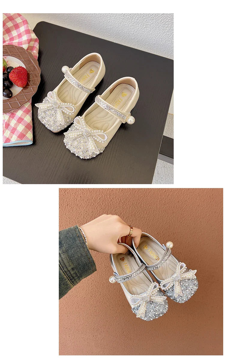 Girls Sparkly Rhinestone Bow Leather Shoes New Spring Toddler School Dance Flats Soft Sole Princess Kid Party Wedding Shoes