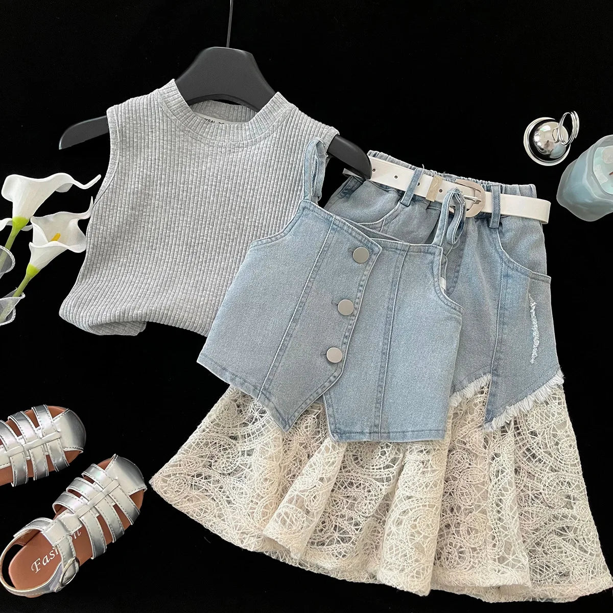 Girls Baby Summer Clothing Set Denim 4pcs Suits Top Vests+Tees+lace Skirts+Belt,fashion Kids Children Birthday Casual Clothes