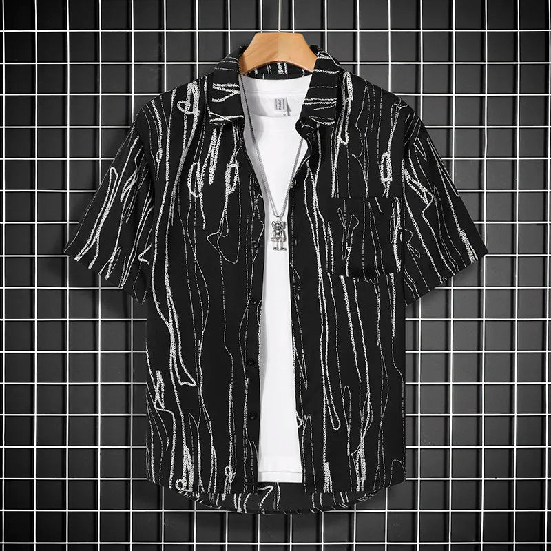 Beat The Heat in Fashion with Our Black Patterned Short Sleeve Shirt for Men