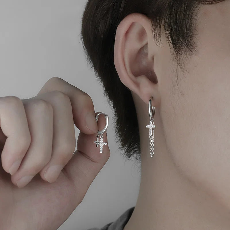 Trendy 925 Sterling Silver Earrings For Men Jewelry Classic Double Cross Drop Earrings Male Personality  Asymmetric Ear Buckle