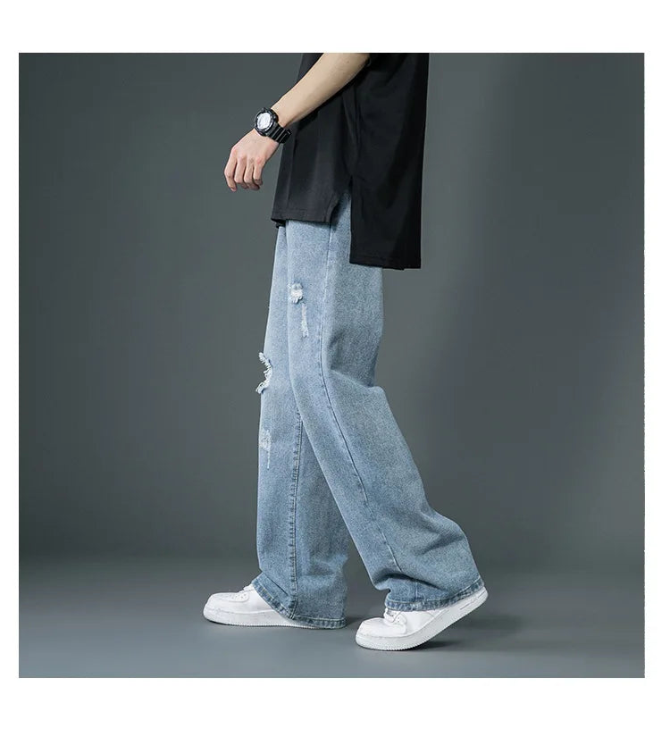 Ripped Jeans Men Ins Trendy Straight Leg Loose Wide Leg Pants High Waist Floor Mopping Denim Pants Versatile Casual Pants Men's