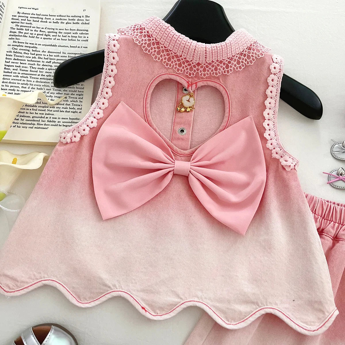 Baby Girls' Denim Suit Summer New Lace Vest Top Shorts Pants Casual and Fashion Kids Outwear Two-piece Set