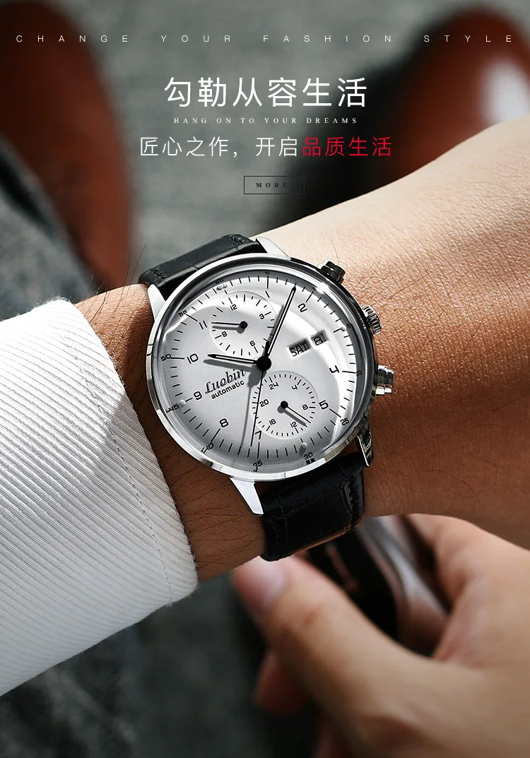 Mens Business Watch Mechanical Movement Multifunction Chronograph Stainless Steel Waterproof Automatic Calendar Sapphire