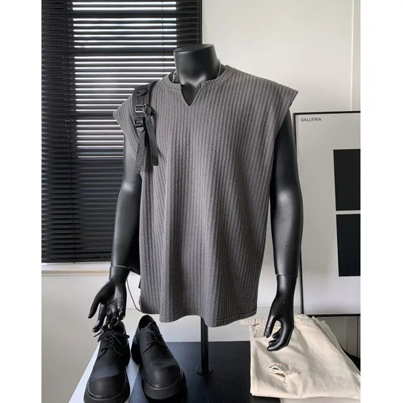 Striped Vest Men's Summer American Sleeveless V-Neck T-Shirt Textured Solid Fitness Sweatshirt