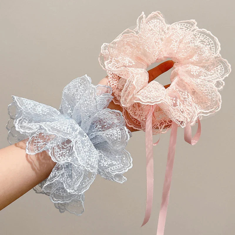 Lace Scrunchies for Women Elastic Hair Bands Ponytail Holders Tie Solid Color Hair Hoop Scrunchy Rubber Bands Women Hair Ring